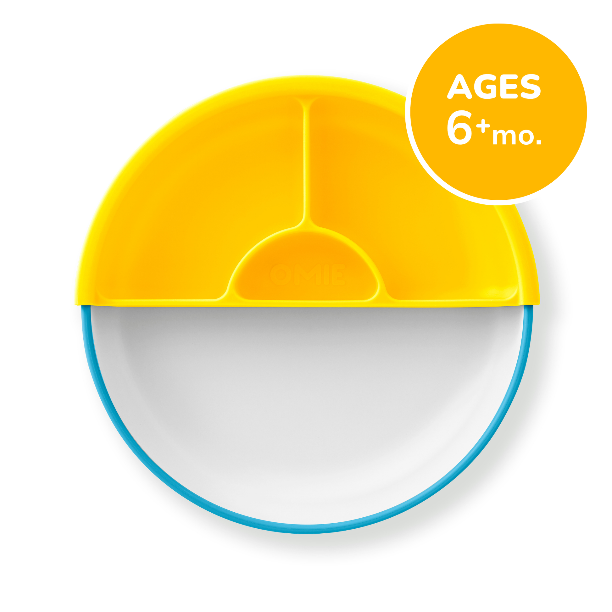 Yellow and blue plate with a lid on a white background, suitable for babies aged 6 months and older.