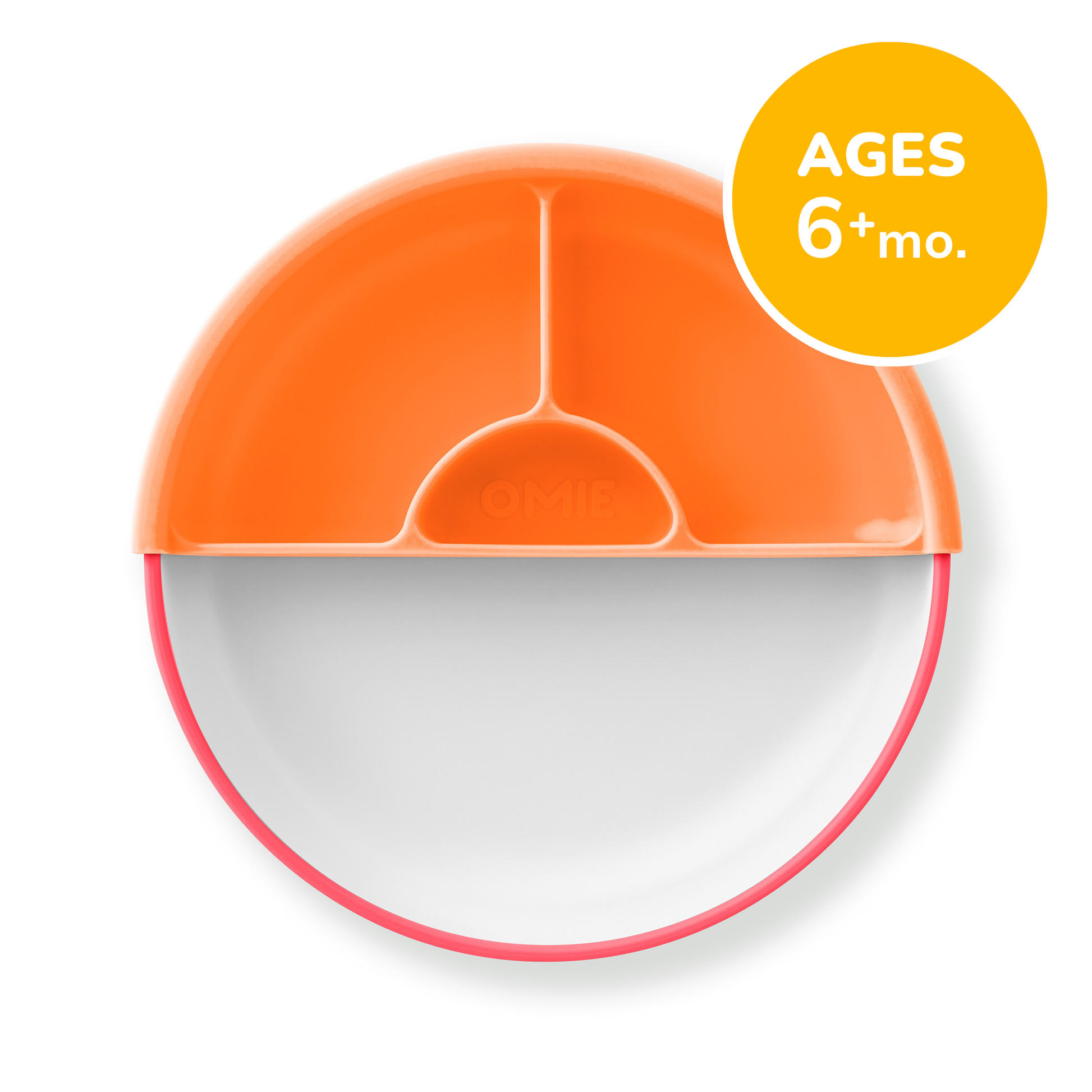 Orange and white baby bowl with a yellow age label on a white background