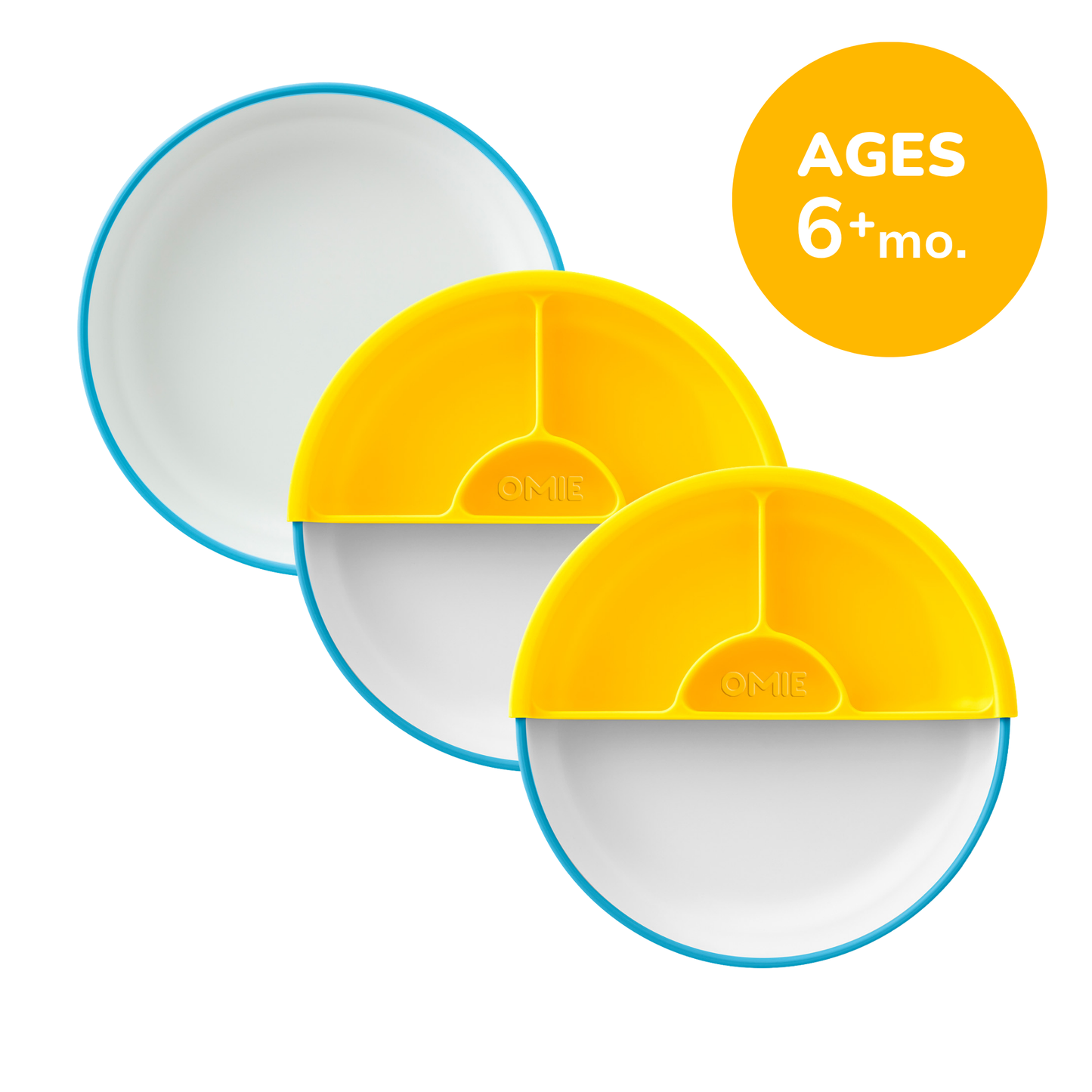 Two children's plates with yellow dividers and blue rims on a white background, featuring the brand 'Omic'.