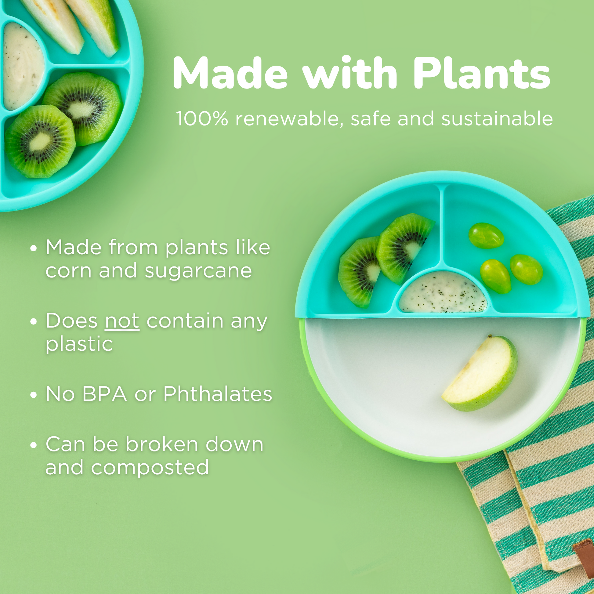 Children's plate with compartments containing fruits and a text overlay about plant-based materials.