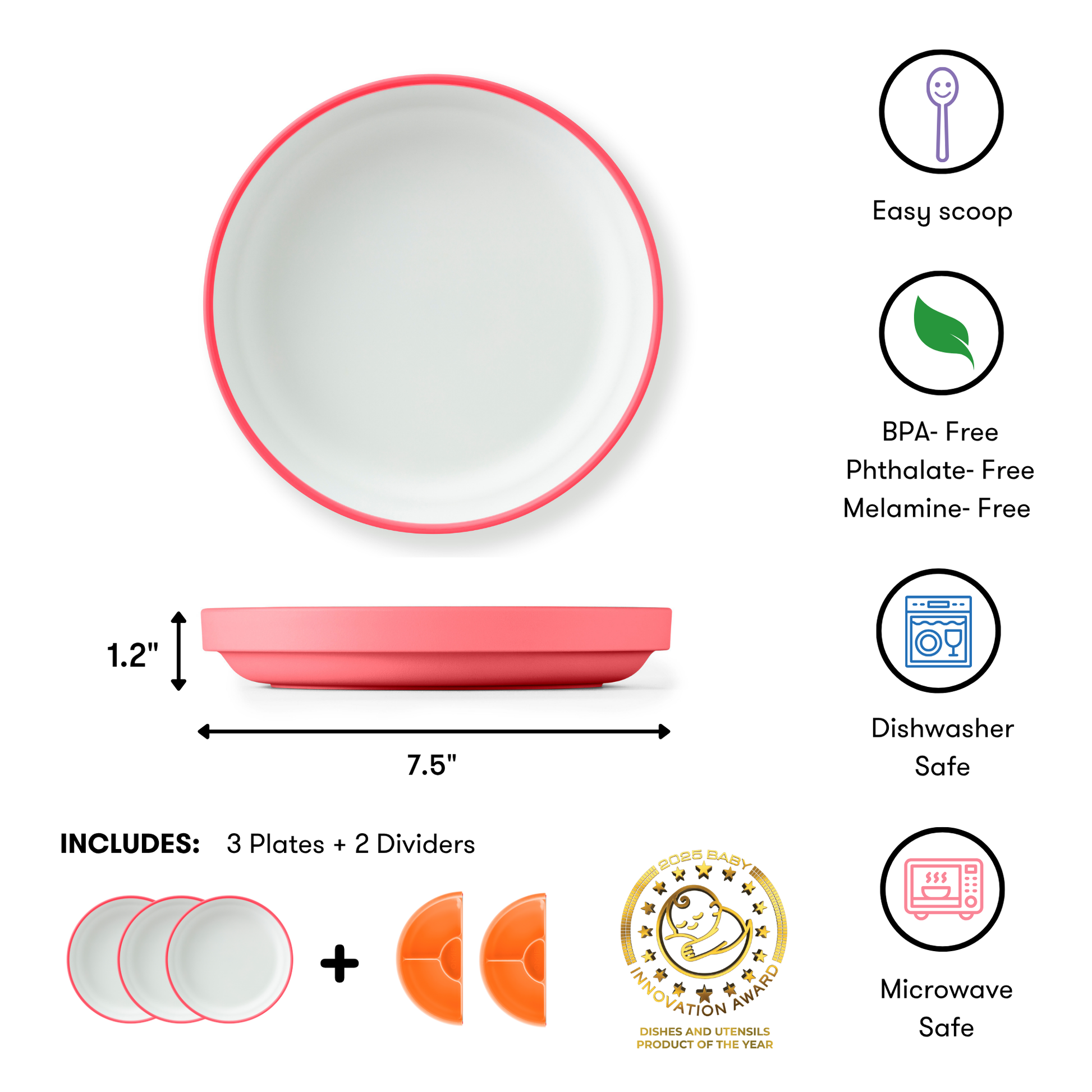 Set of pink and white plates with features listed on a white background