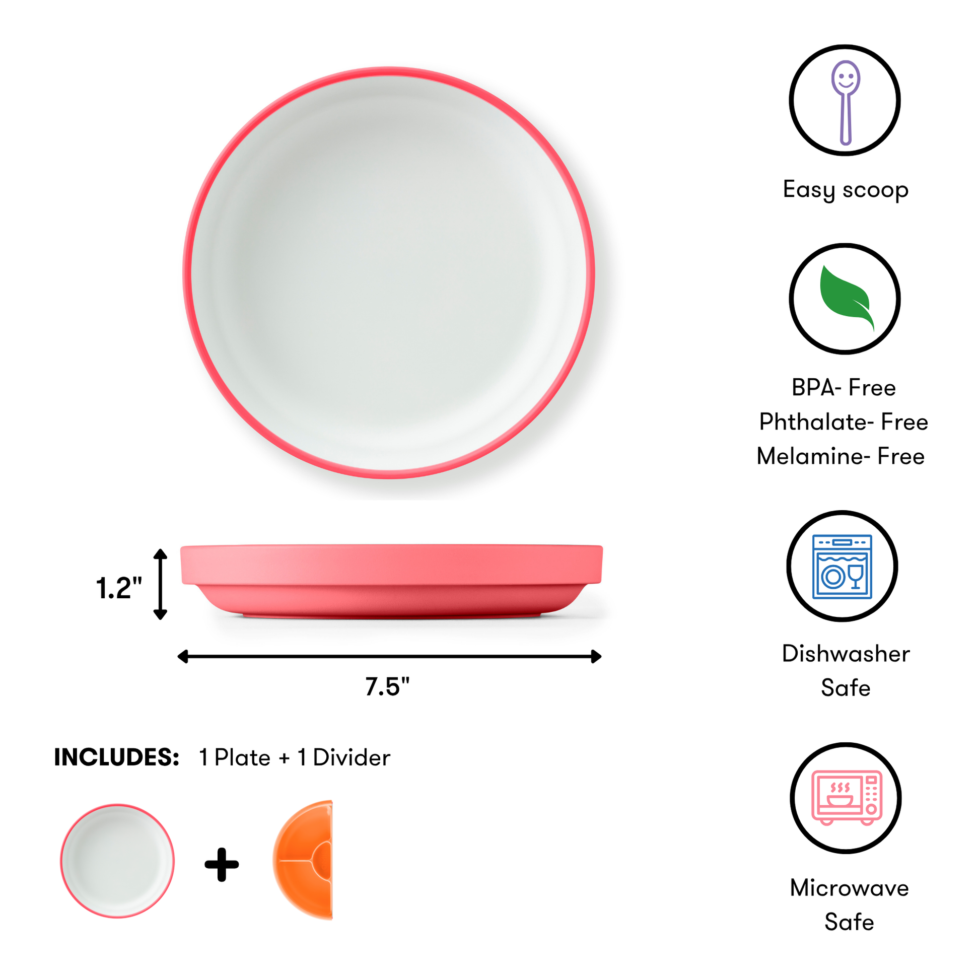 White plate with pink rim and divider, featuring product details on a white background.