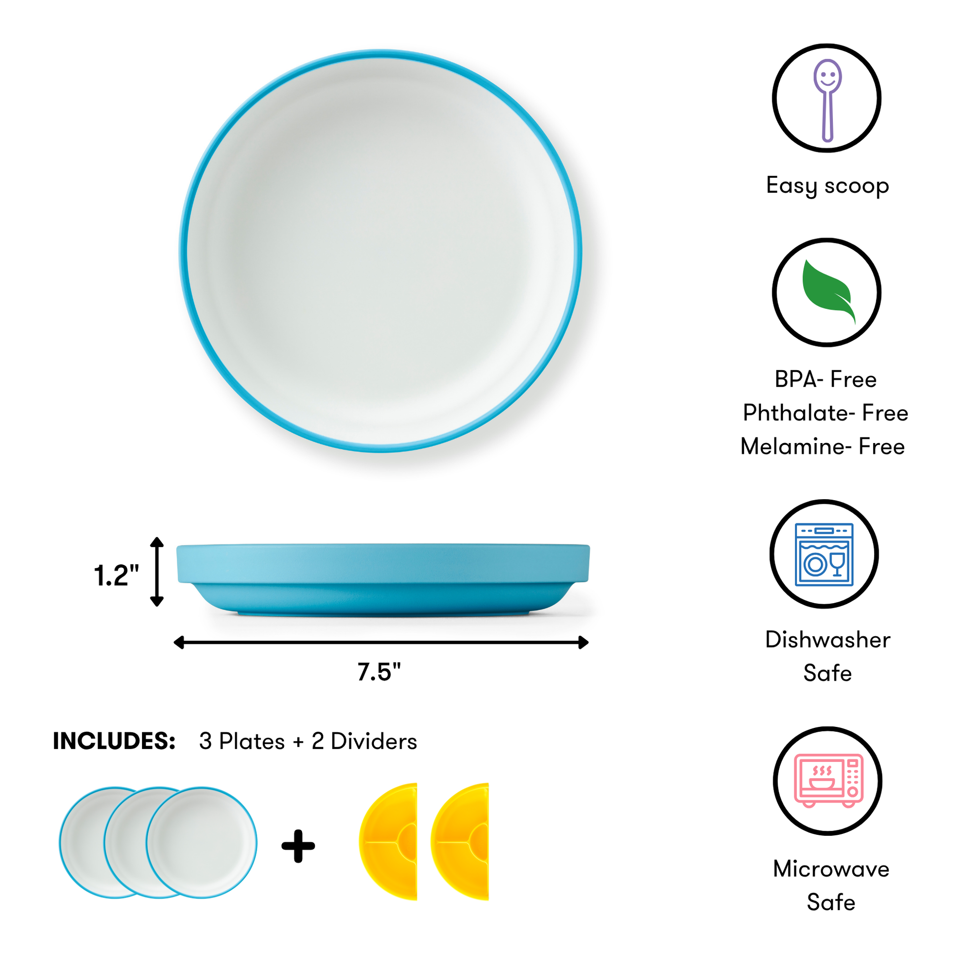 White plate with blue rim and additional features listed on a white background