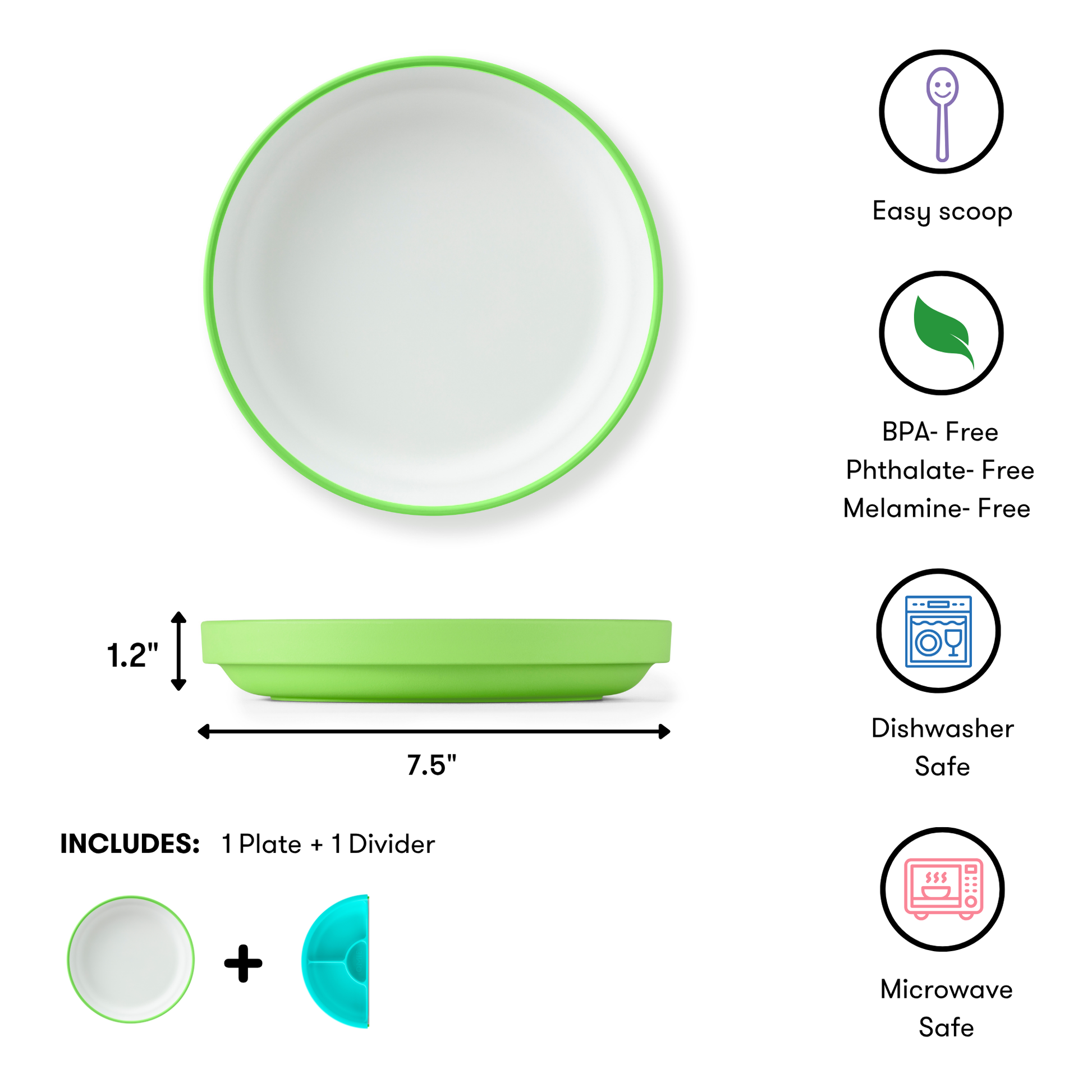 Green and white plate with divider, featuring product features on a white background.