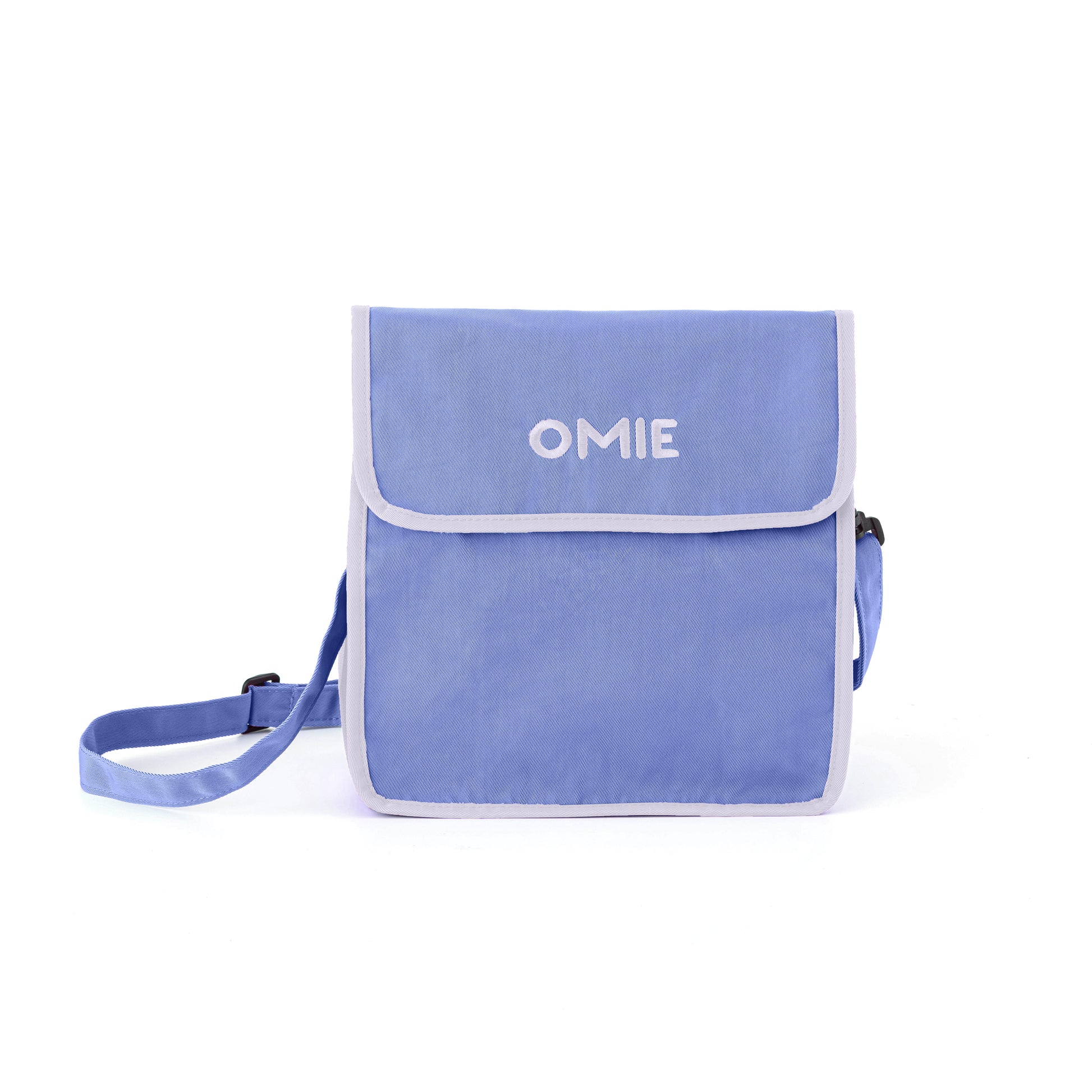 Blue bag with 'OMIE' branding on a white background